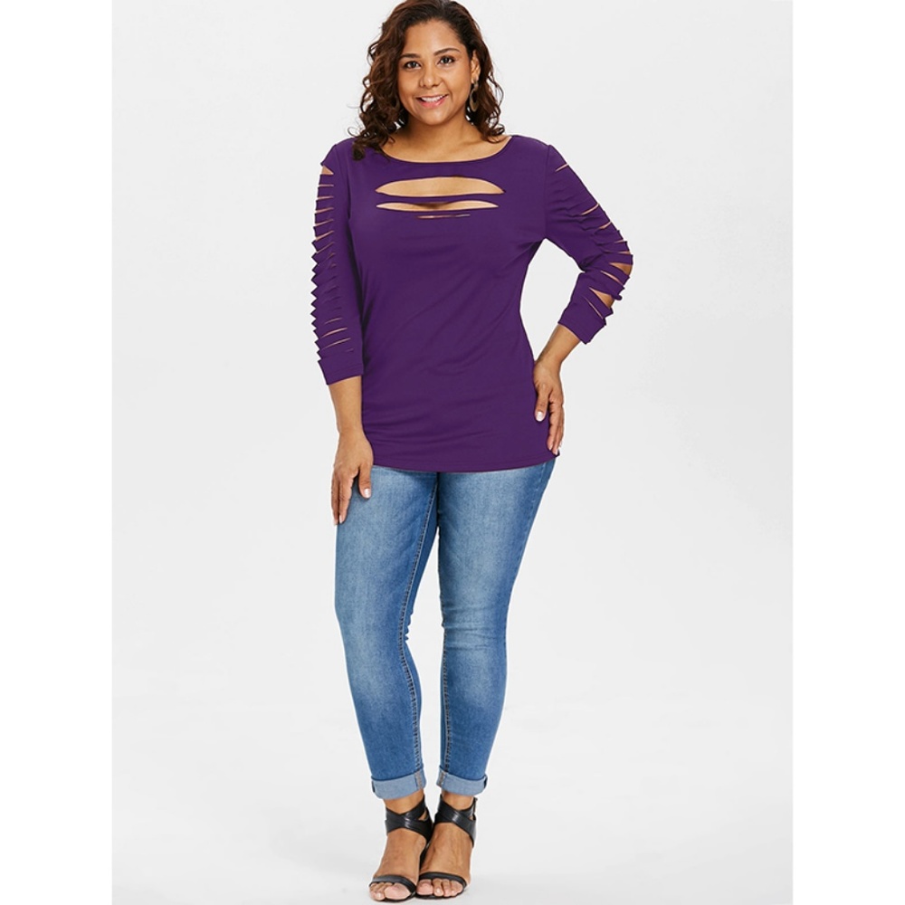 ☀ Purple Plus Size Long Sleeve Shredded Top ☀ - Picture 4 of 8